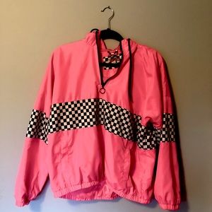 oversized neon pink checker print windbreaker